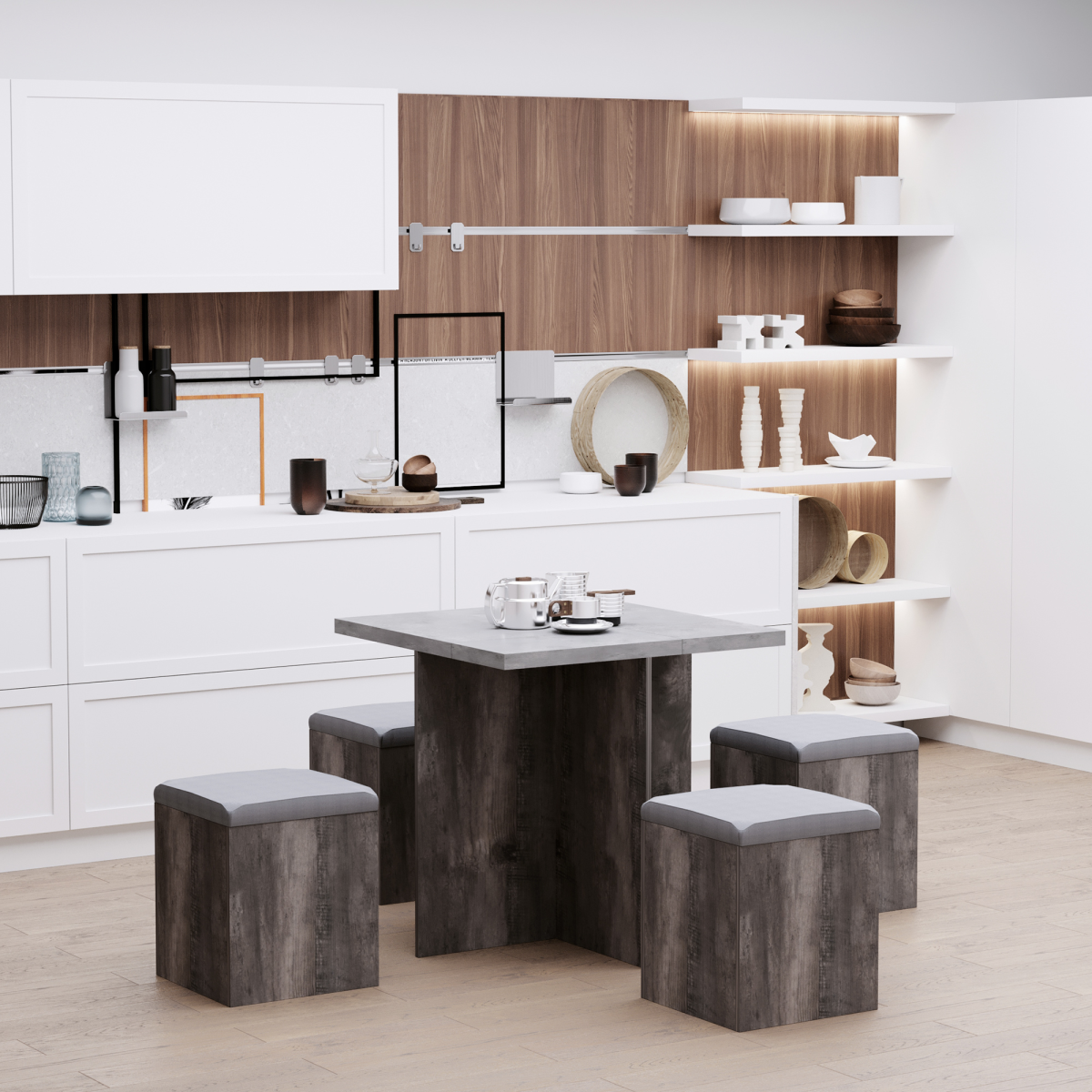 5Pcs Garden Wooden Dining Table Set Particle Removable Lid Board Chair Seat-Grey HOMCOM