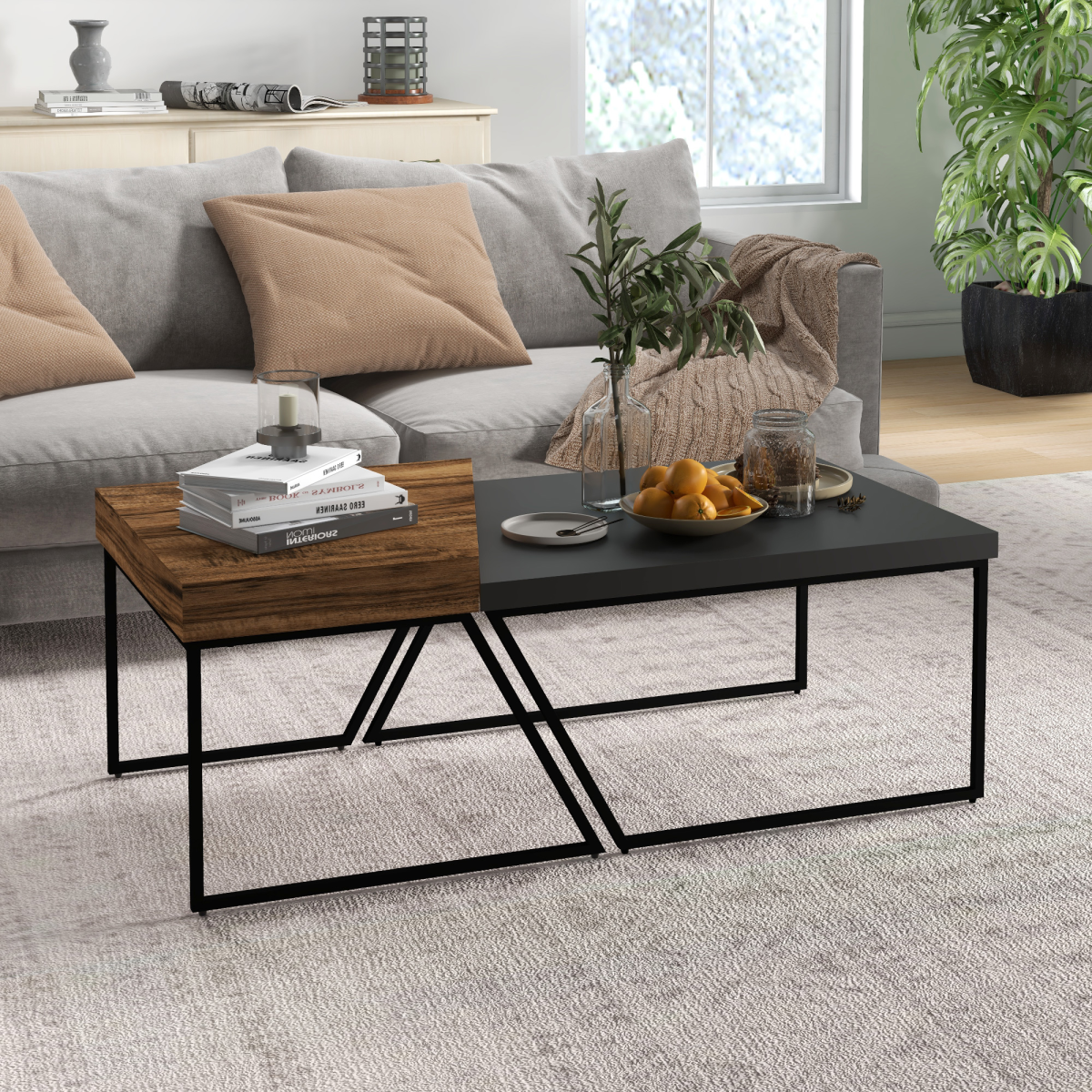 HOMCOM Coffee Table Set of 2, Coffee Tables with Steel Frame for Living Room HOMCOM