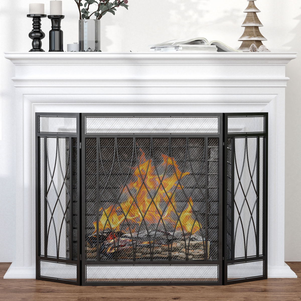 3-Panel Folding Fireplace Screen Metal Mesh Fire Spark Guard Black HOMCOM