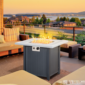 Square Propane Gas Fire Pit Table Rattan Smokeless Heater with Lava Rocks & Lid Outsunny