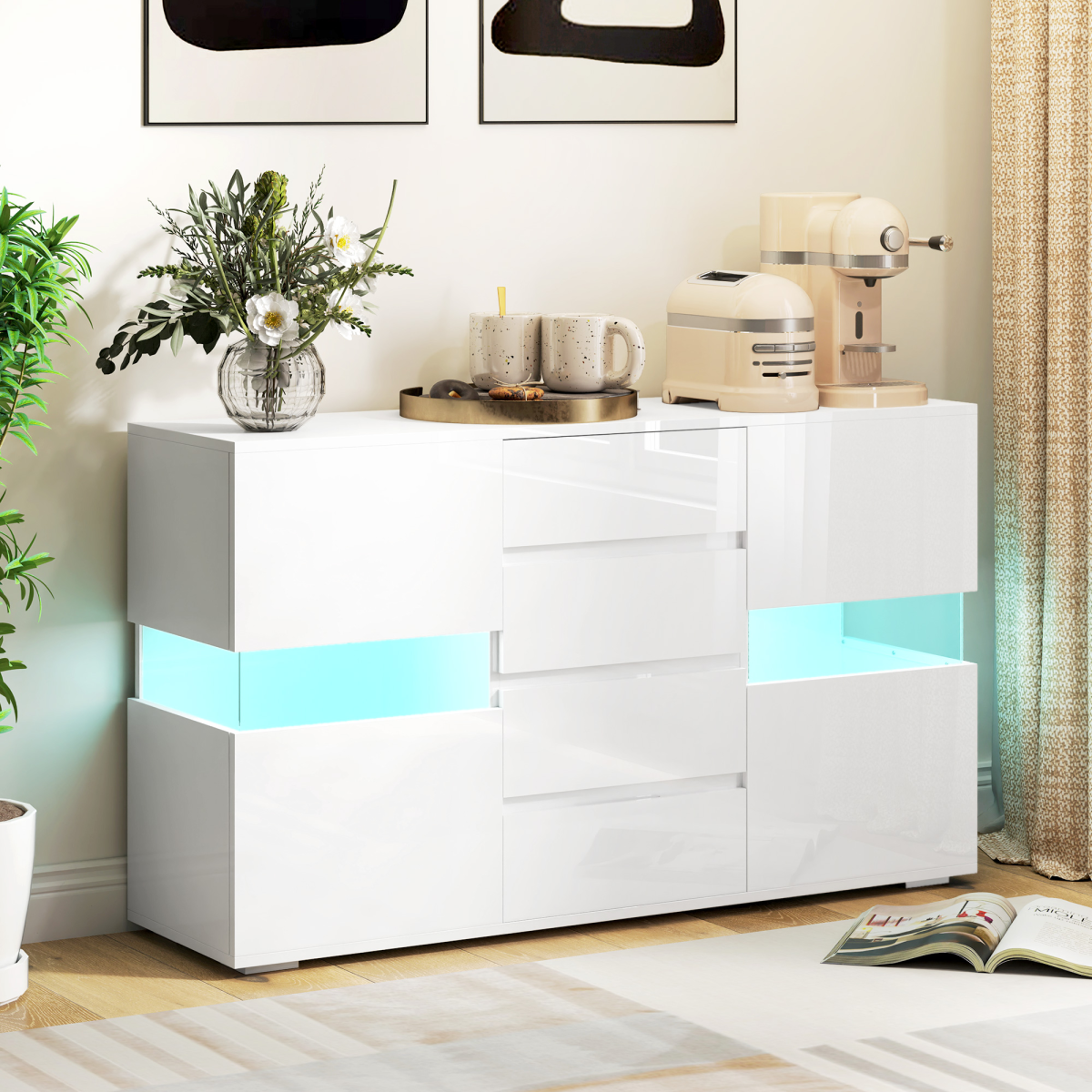 HOMCOM LED Sideboard, High Gloss Storage Cabinet with 4 Drawers, White HOMCOM