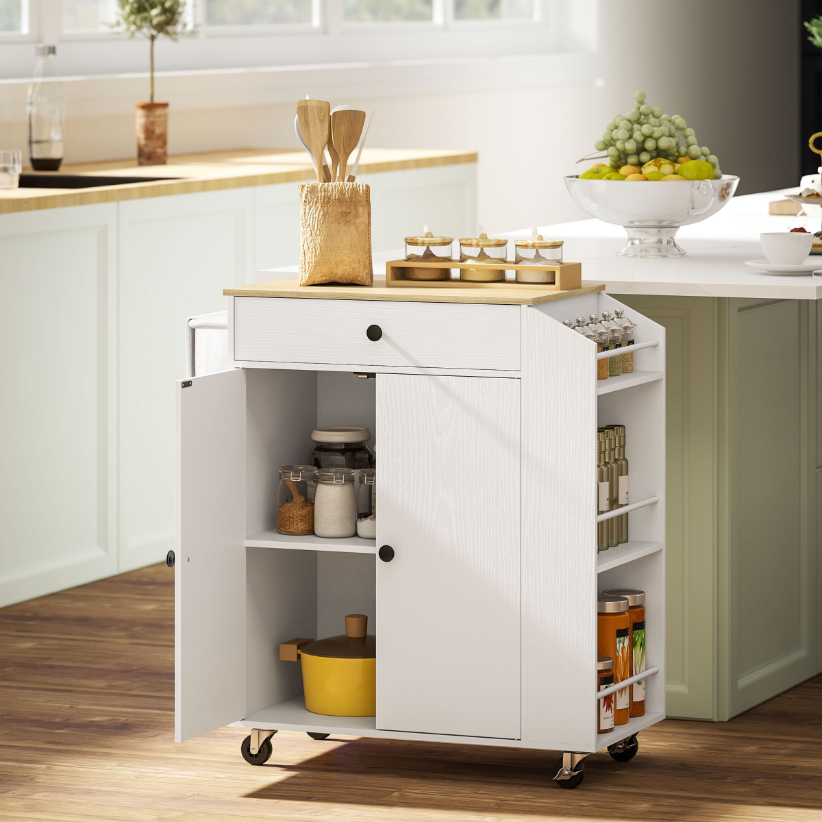 HOMCOM Kitchen Island with 3-Tier Spice Rack, Kitchen Cart with Towel Rack HOMCOM