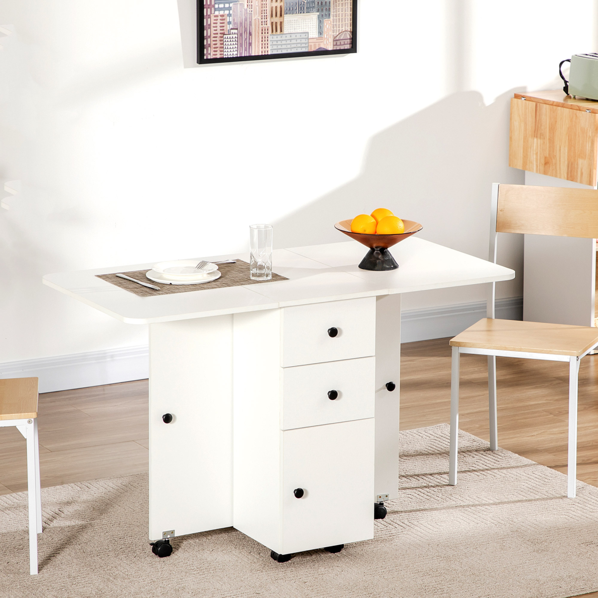 Folding Dining Table, Drop Leaf Table With Storage Drawers White HOMCOM