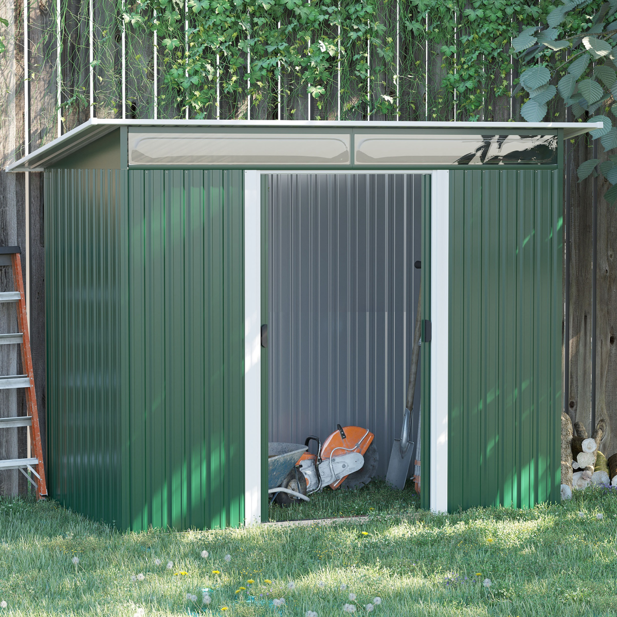 Pent Roofed Metal Shed Foundation Vent 260x133x200cm Sliding Door Green Outsunny