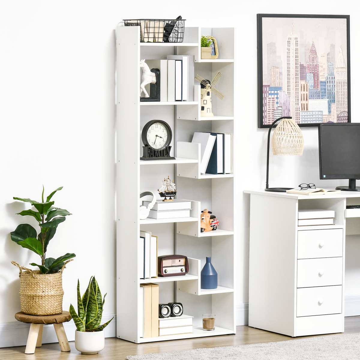 HOMCOM 6-Tier Bookshelf Freestanding Decorative Storage Shelves for Home White HOMCOM