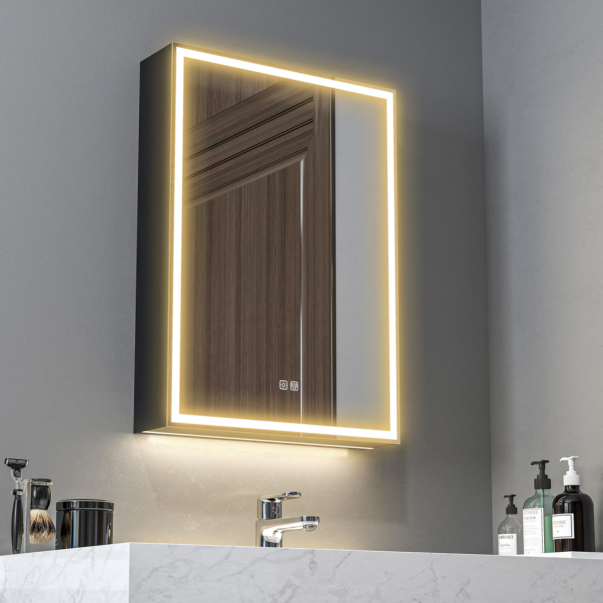 HOMCOM Bathroom Cabinet with Mirror, LED Lights and Demister Pad, Black