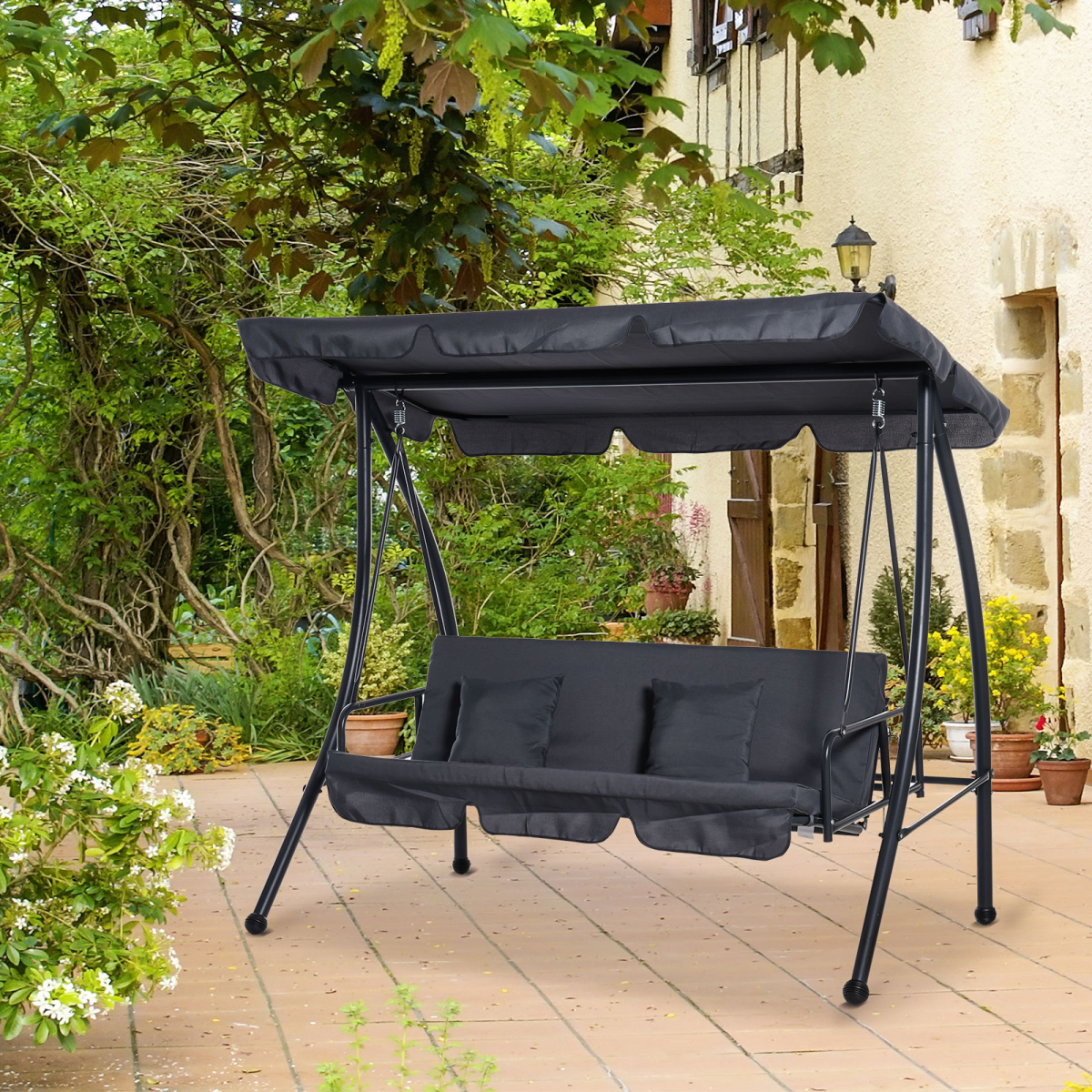 2-in-1 Patio Swing Chair Lounger 3 Seater Hammock Bed Dark Grey Cushion Outsunny