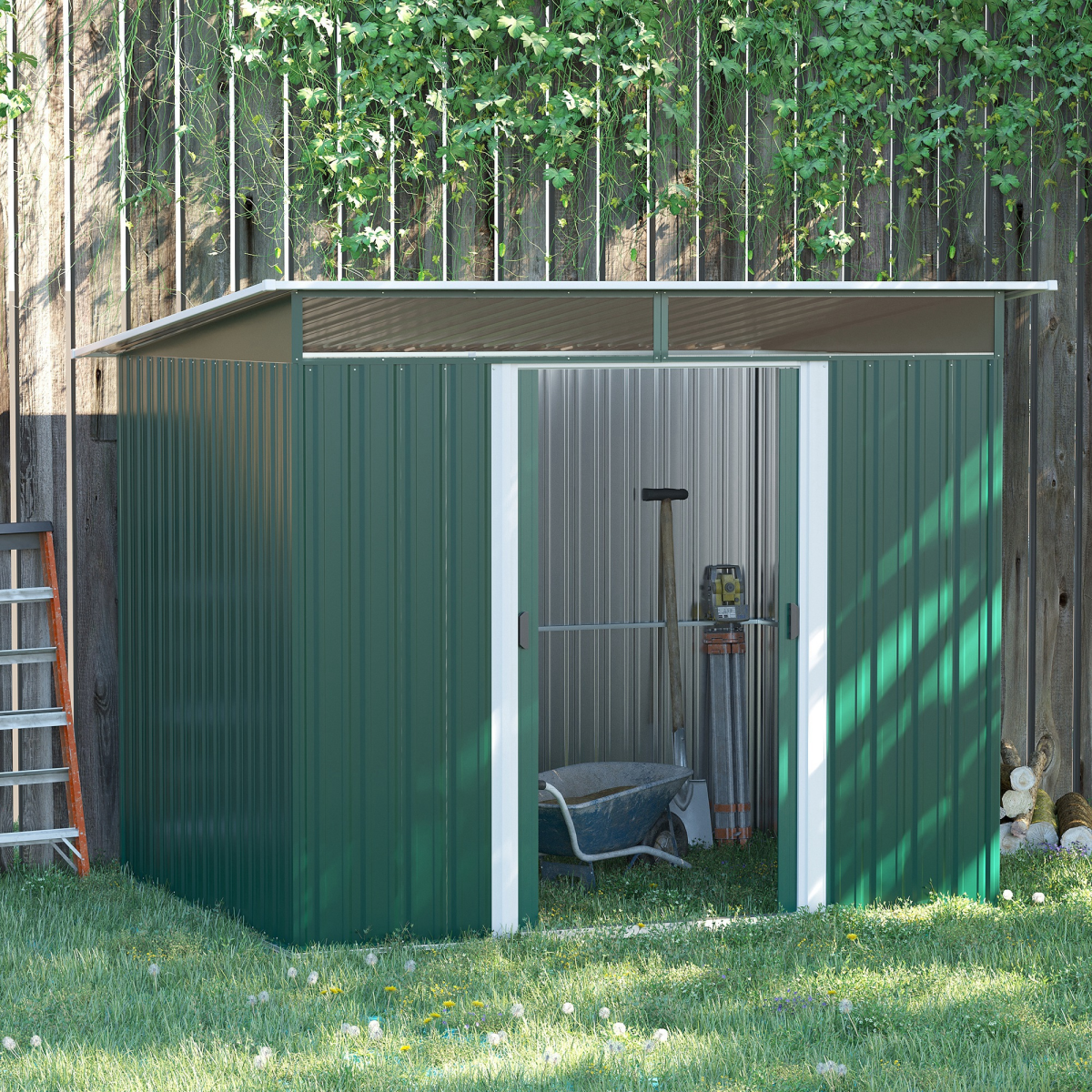 Pent Roofed Metal Garden Shed Foundation and Vent 260x194x200cm Green Outsunny