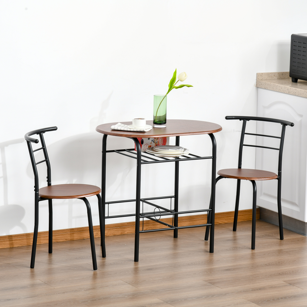 MDF 2-Seater Bar Stool and Table Set w/ Bottle Storage Shelf Wood Tone HOMCOM