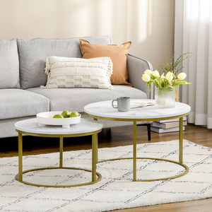 HOMCOM Marble Coffee Table Set of 2, Round Nest of Tables for Living Room HOMCOM