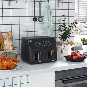 Dual Air Fryer 8L Family Size w/ 2 Basket 8 Presets Cookbook Timer 2500W HOMCOM