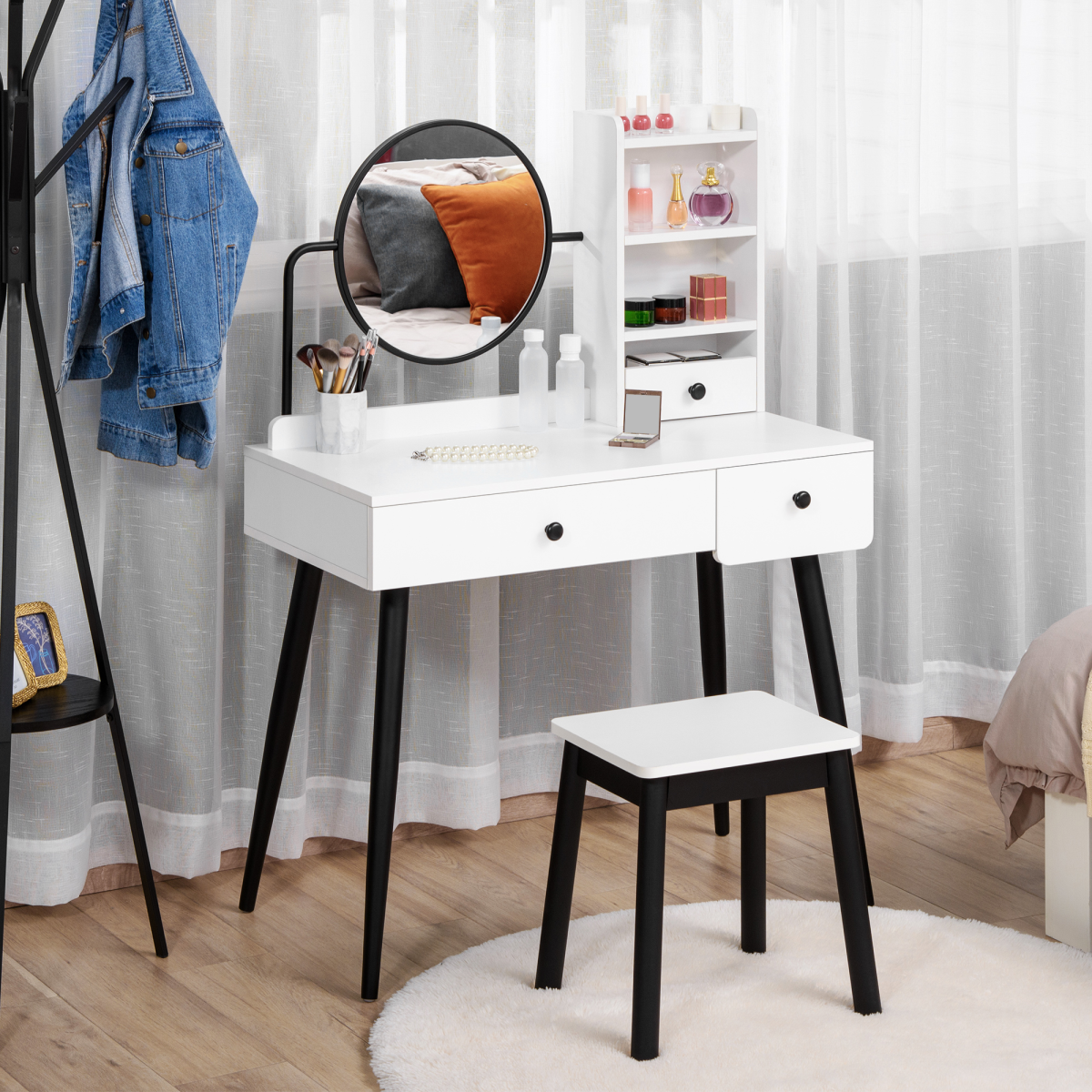 Dressing Table Set with 3 Drawers, Storage shelves and Stool, White Unbranded