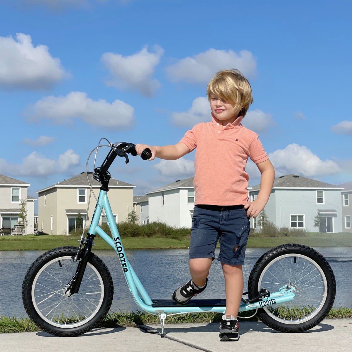 HOMCOM 90-96cm Kids Kick Scooter Adjustable Handlebar Inflatable Wheels Blue HOMCOM