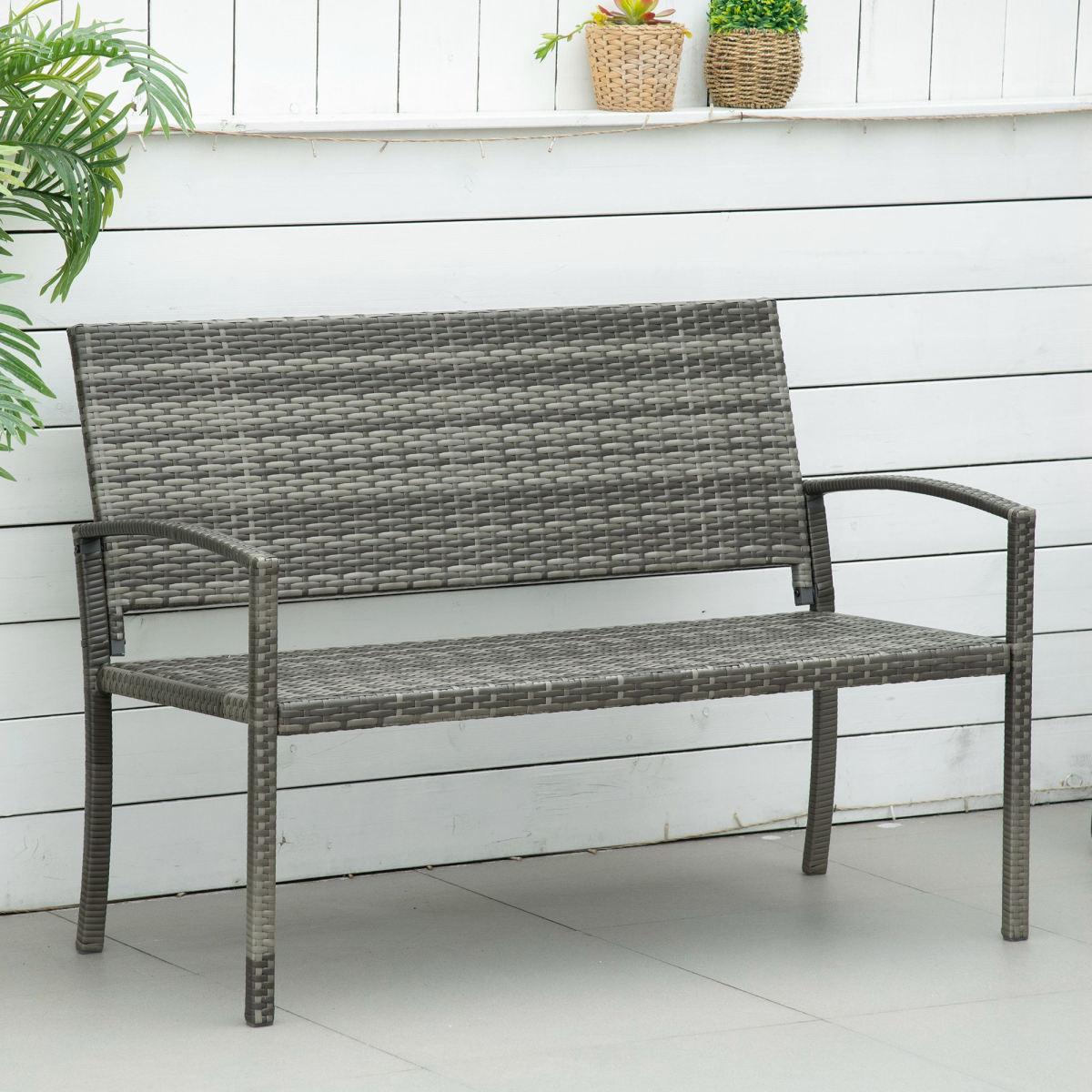 Outsunny Patio Rattan 2 Seater Garden Bench Love Seater Garden Armchair Grey Outsunny