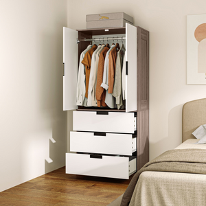 HOMCOM 2 Door Wardrobe Brown Wardrobe with 3 Drawer and Hanging Rod Brown HOMCOM