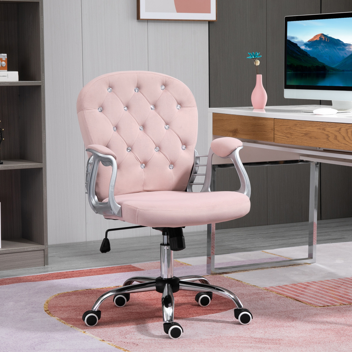 Office Chair Luxury Velour Diamond Tufted Padded Ergonomic 360� Swivel Pink Unbranded