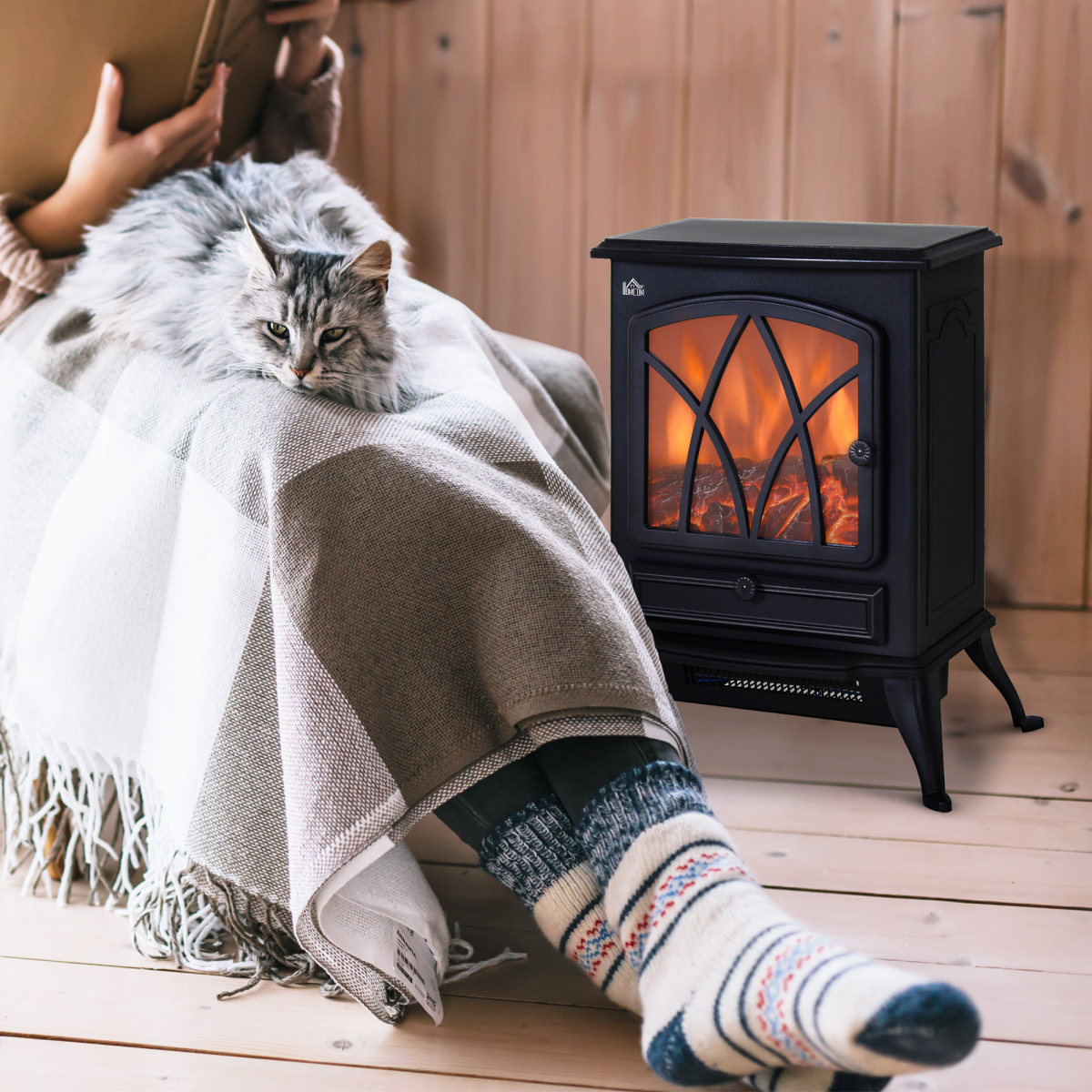 1850W Flame Effect Electric Free Standing Fireplace Fan Log Burning Stove -Black HOMCOM