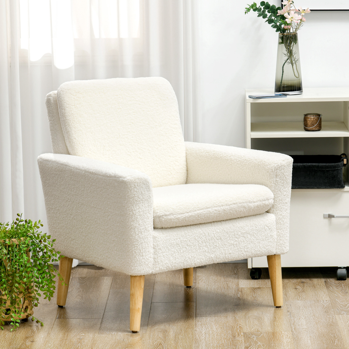 HOMCOM Modern Accent Chair with Wood Legs, Wide Seat, Teddy Armchair, Cream HOMCOM