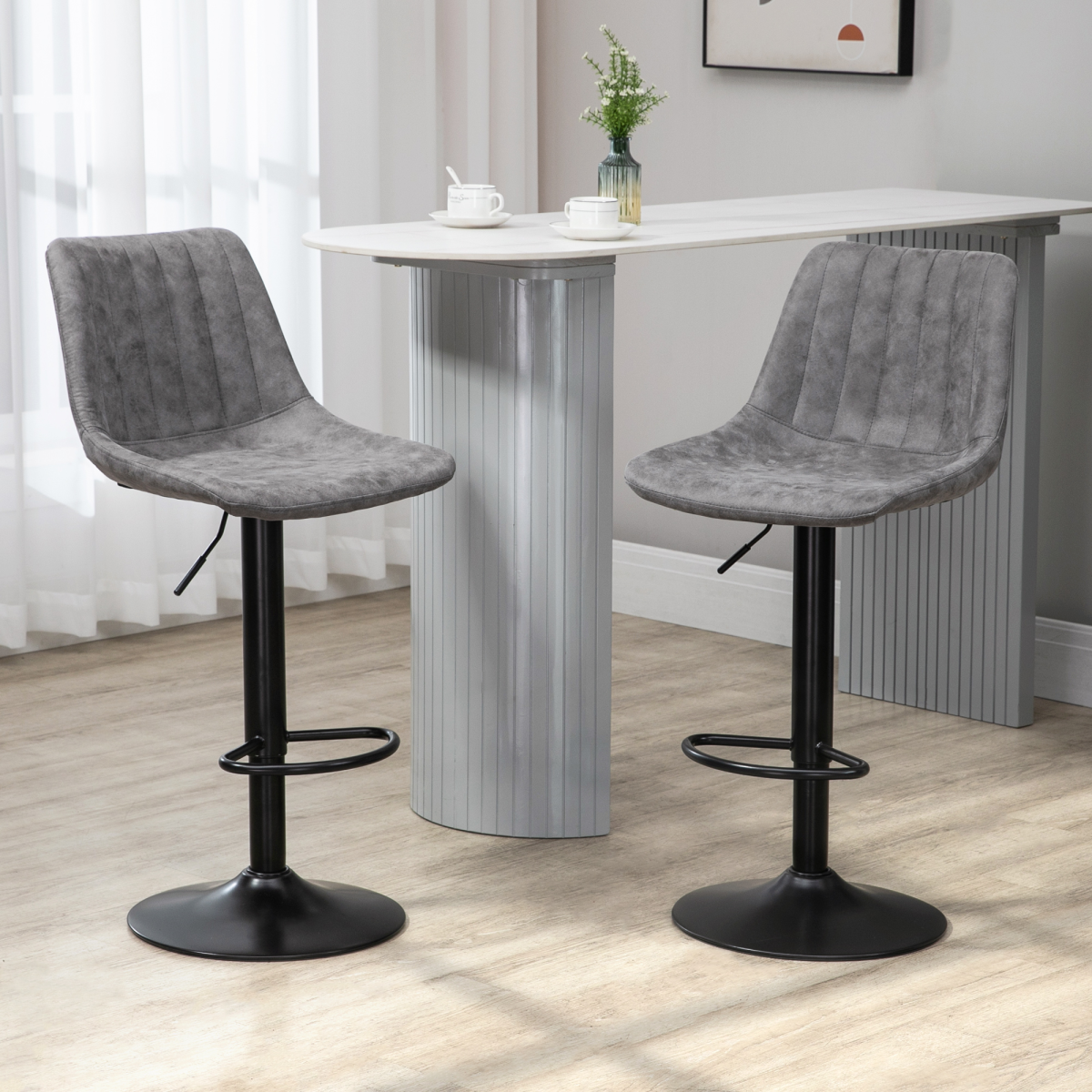 Set Of 2 Microfibre Retro Tub Bar Stools w/ Metal Frame Footrest Home Seat Grey HOMCOM