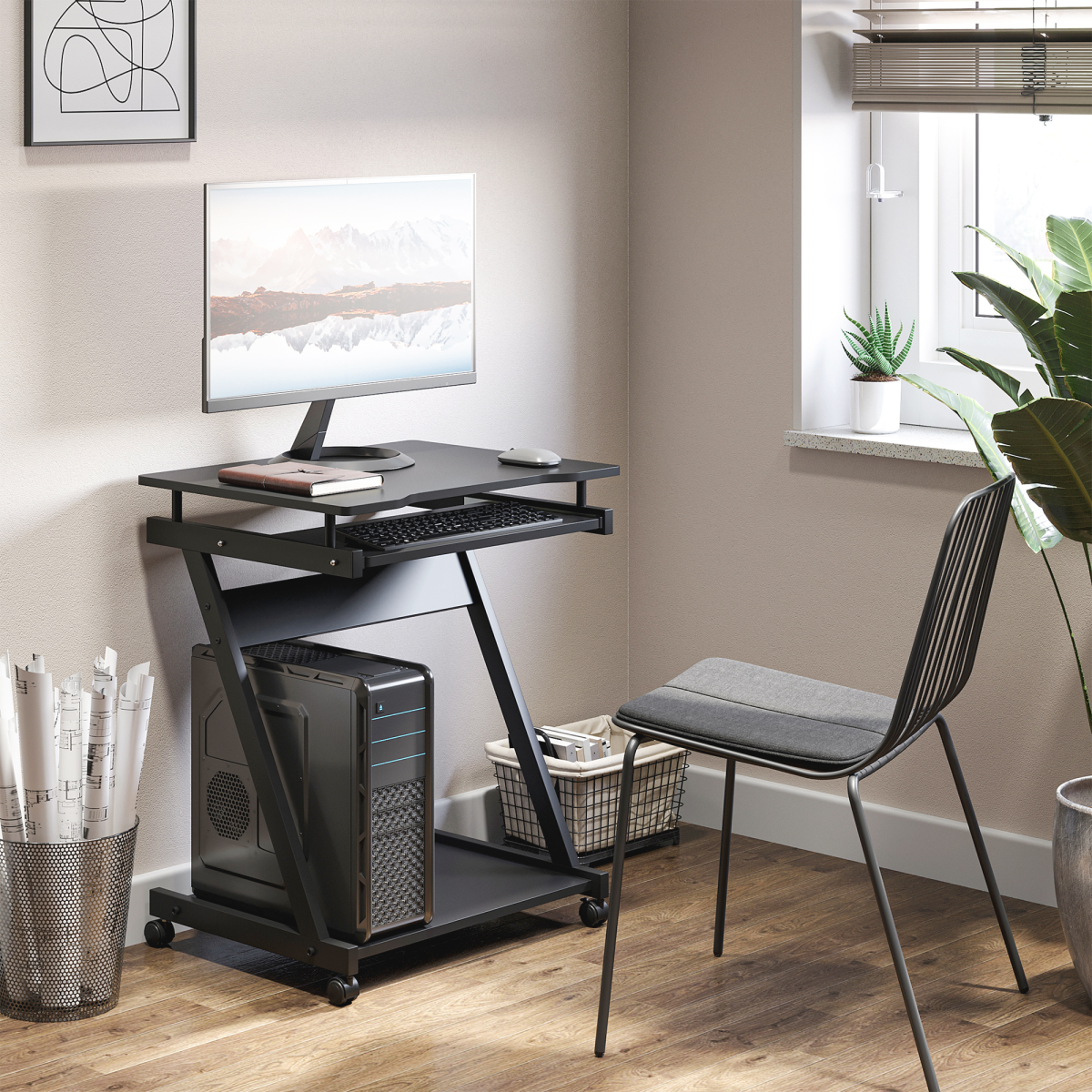 Movable Computer Desk with 4 Moving Wheels Sliding Keyboard Tray Black Unbranded