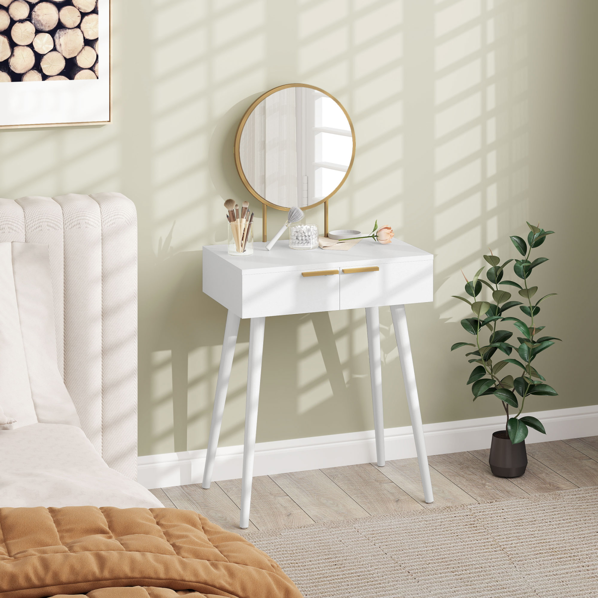 HOMCOM Modern Dressing Table w/ 2 Drawers Round Mirror for Bedroom White HOMCOM