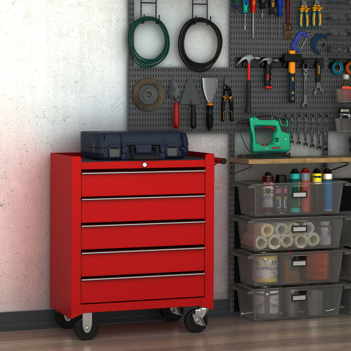 HOMCOM Tool Trolley with 5 Drawers Steel Tool Chest on Wheels with Handle Red HOMCOM