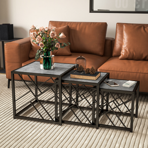 HOMCOM Set of 3 Nesting Coffee Tables Square End Tables w/ Metal Frame, Grey Unbranded