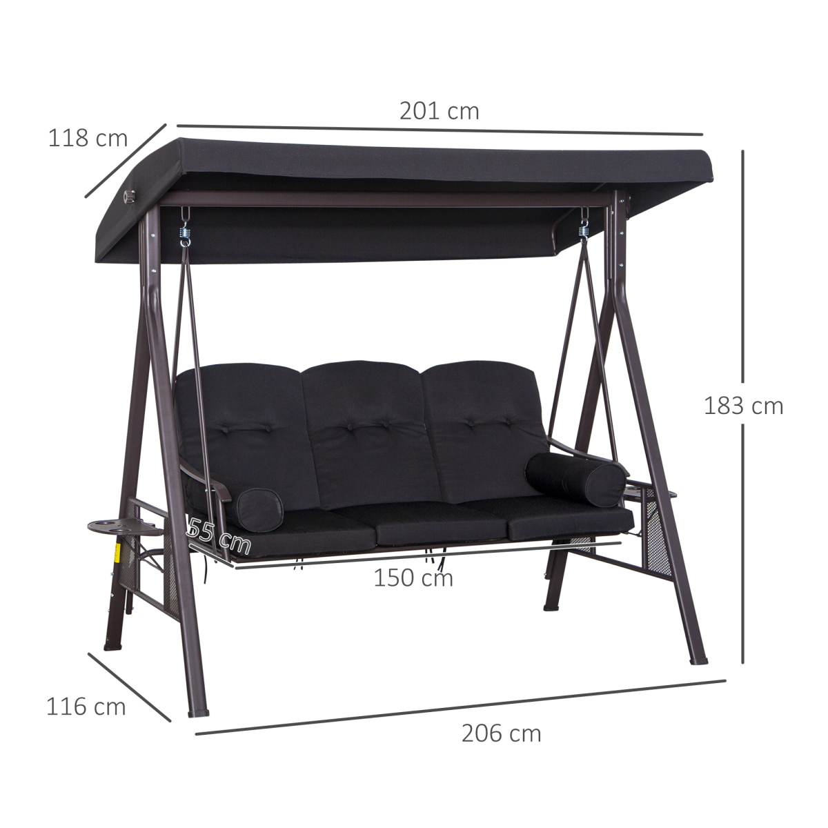Outsunny 3 Seater Garden Swing Chair Patio Swing Bench w/ Cup Trays Black Outsunny