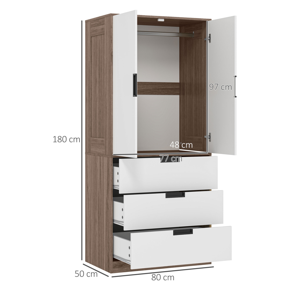HOMCOM 2 Door Wardrobe Brown Wardrobe with 3 Drawer and Hanging Rod Brown HOMCOM