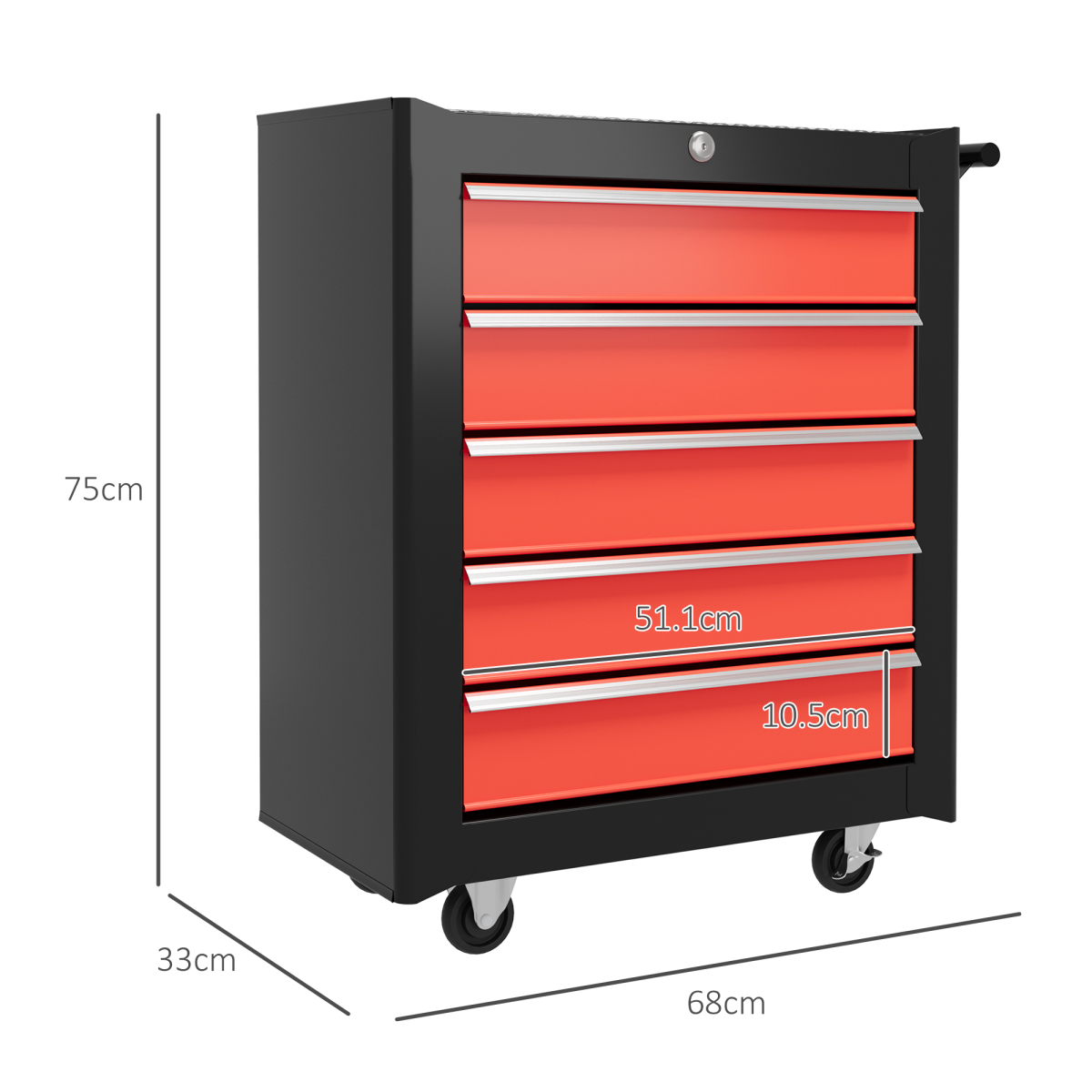 HOMCOM 5-Drawer Tool Chest Steel Lockable Tool Storage Cabinet w/ Wheels Red HOMCOM