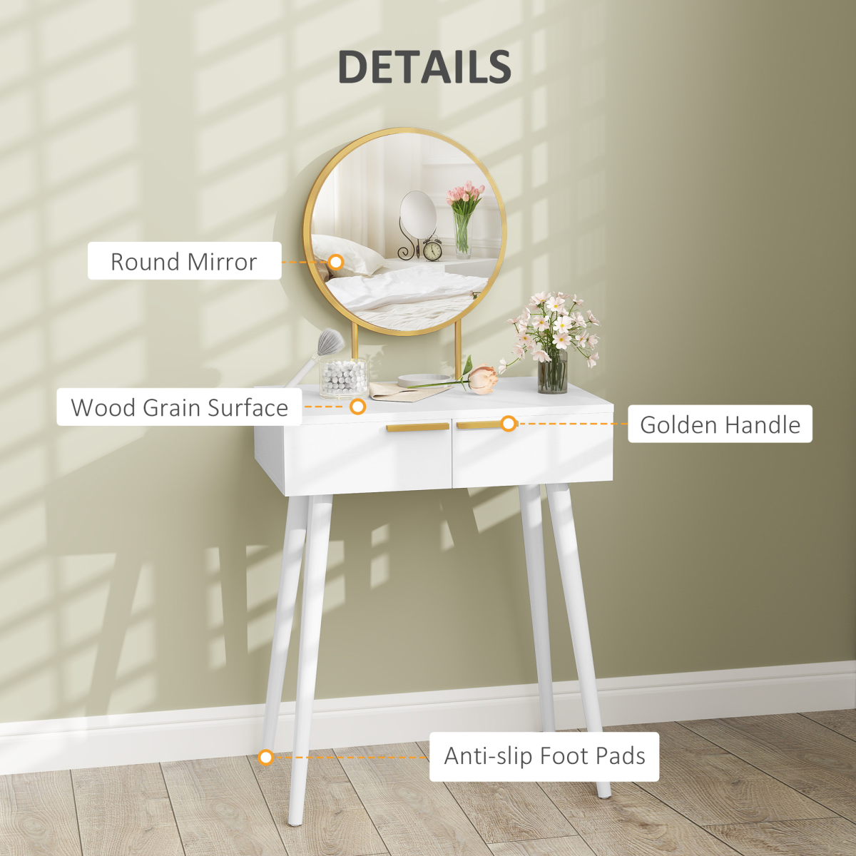 HOMCOM Modern Dressing Table w/ 2 Drawers Round Mirror for Bedroom White HOMCOM