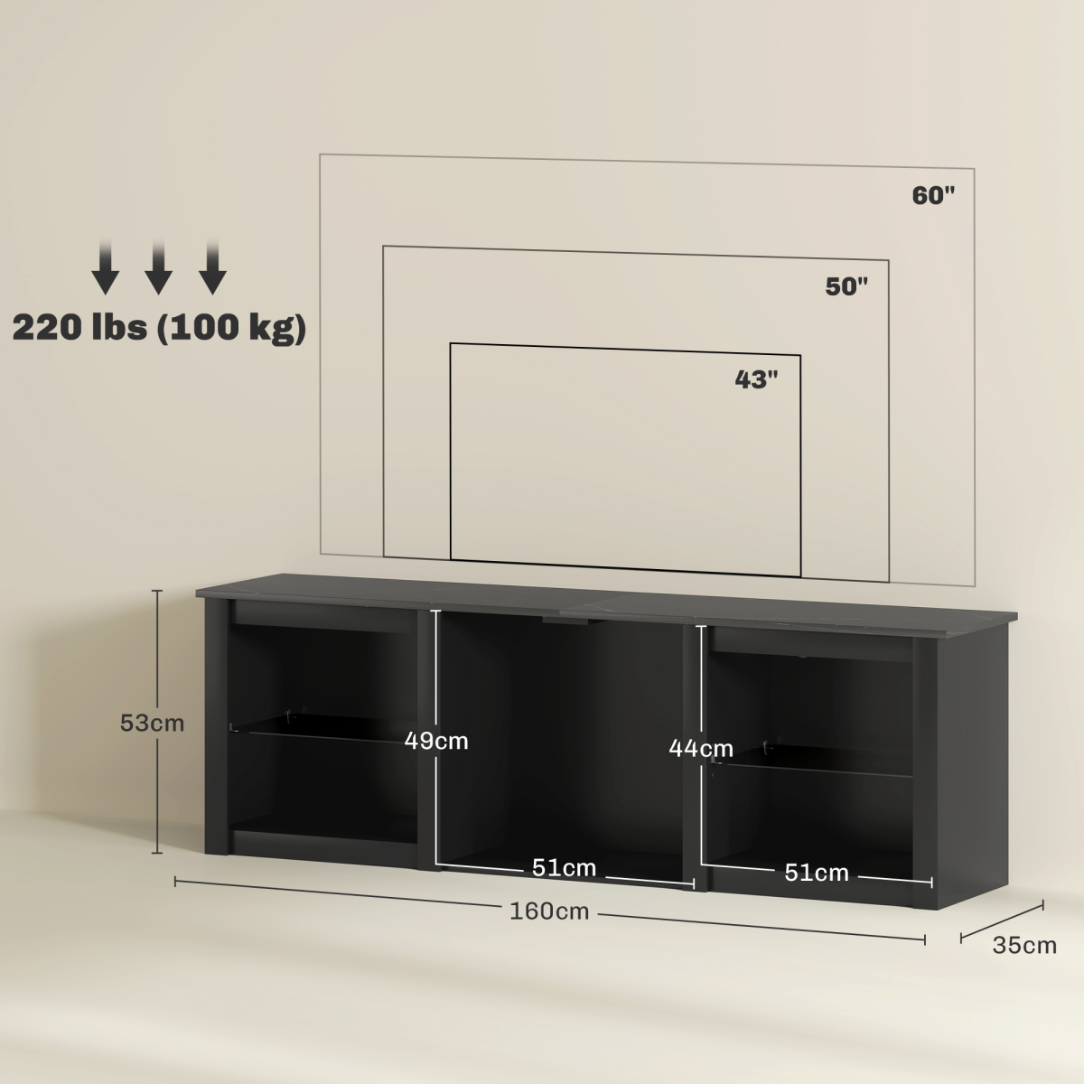 HOMCOM 160cm TV Unit w/ LED Lights for 65" TV Modern TV Stand Cabinet Black HOMCOM