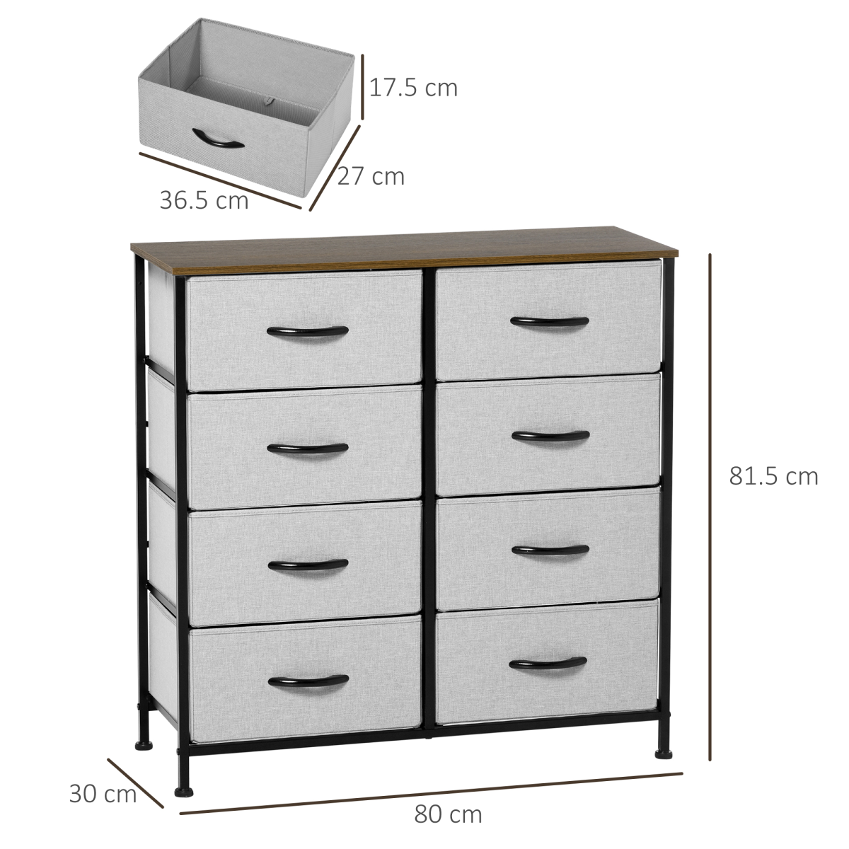 HOMCOM 8 Drawer Fabric Chest of Drawers w/ Wooden Top for Closet Hallway Grey HOMCOM