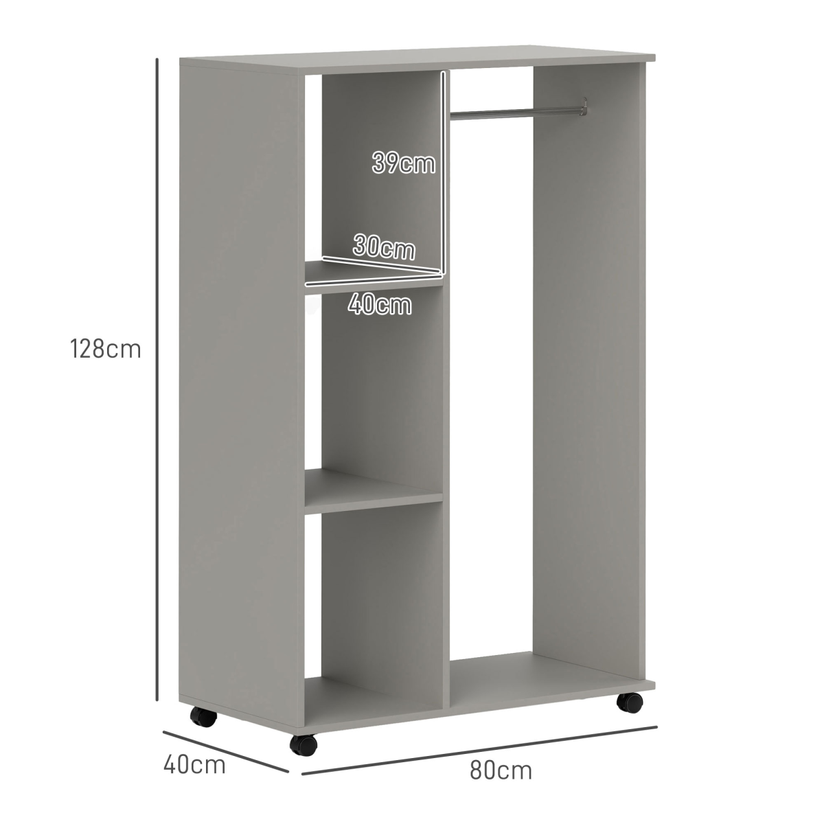 HOMCOM Rolling Open Wardrobe Hanging Rail Storage Shelves for Clothes, Grey HOMCOM