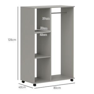 HOMCOM Rolling Open Wardrobe Hanging Rail Storage Shelves for Clothes, Grey HOMCOM