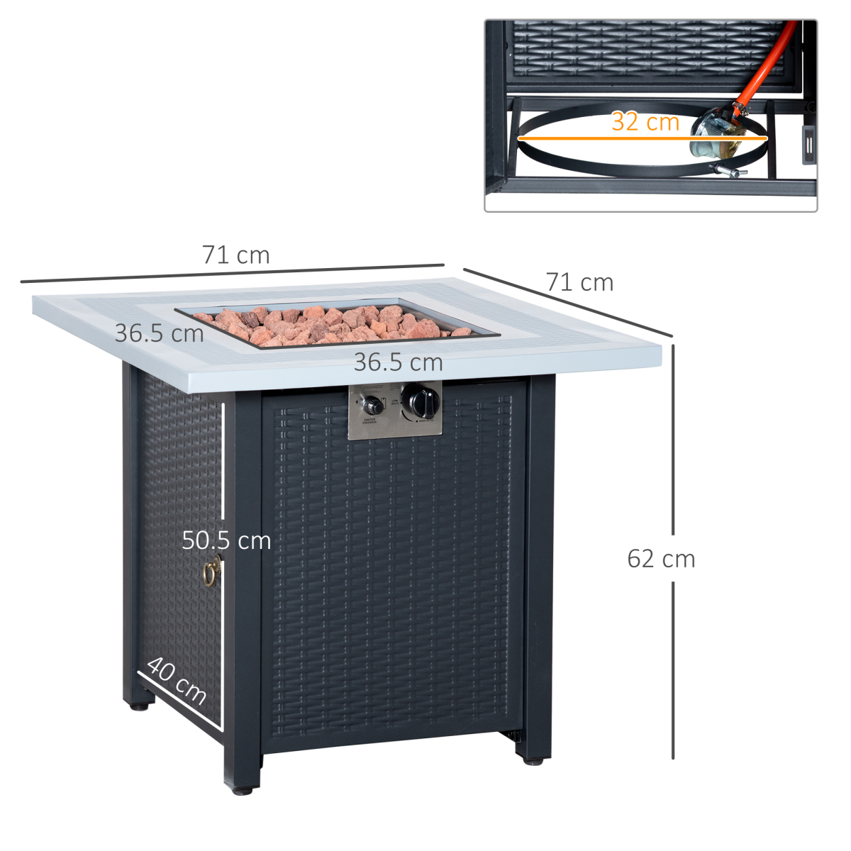Square Propane Gas Fire Pit Table Rattan Smokeless Heater with Lava Rocks & Lid Outsunny