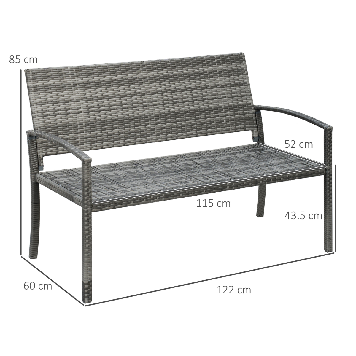 Outsunny Patio Rattan 2 Seater Garden Bench Love Seater Garden Armchair Grey Outsunny