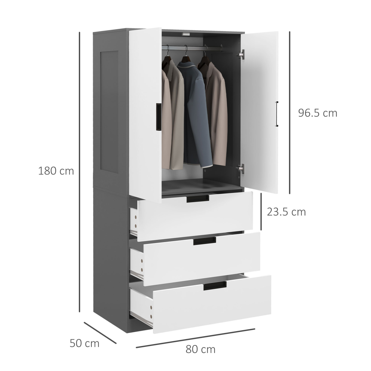 HOMCOM 2 Door Wardrobe Grey Wardrobe with 3 Drawer and Hanging Rod for Bedroom HOMCOM