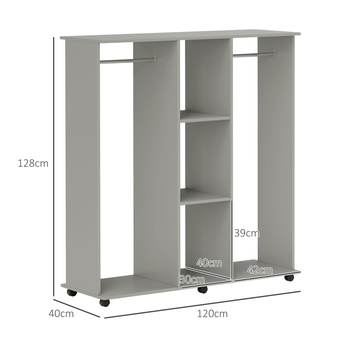 HOMCOM Mobile Double Open Wardrobe w/ Clothes Hanging Rail Clothing Grey HOMCOM