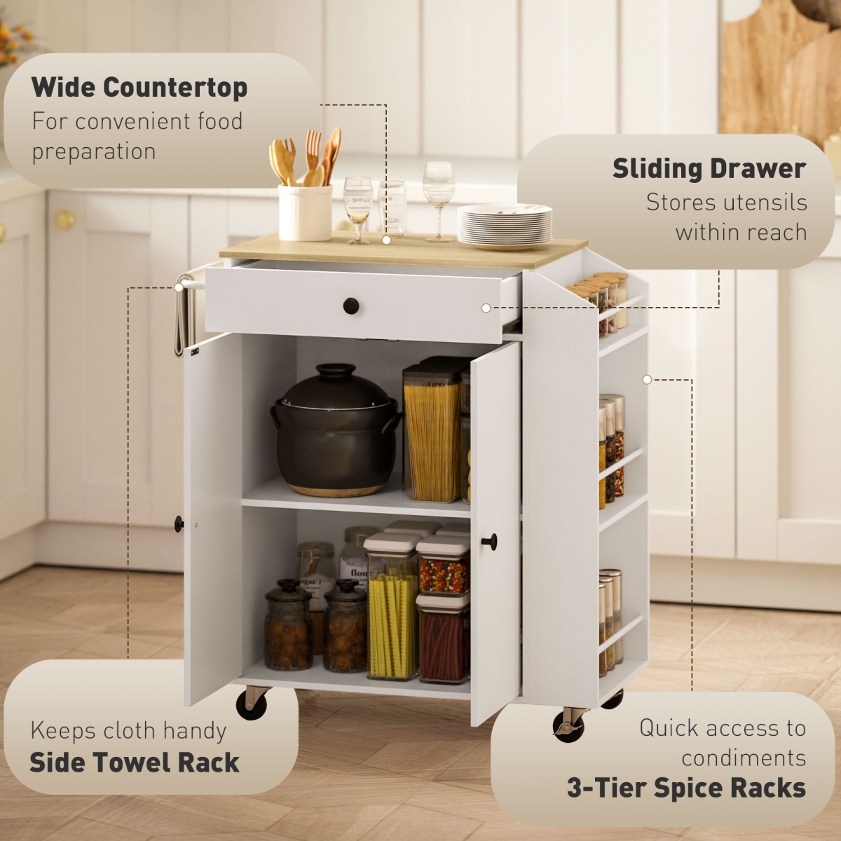 HOMCOM Kitchen Island with 3-Tier Spice Rack, Kitchen Cart with Towel Rack HOMCOM