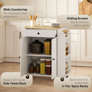 HOMCOM Kitchen Island with 3-Tier Spice Rack, Kitchen Cart with Towel Rack HOMCOM
