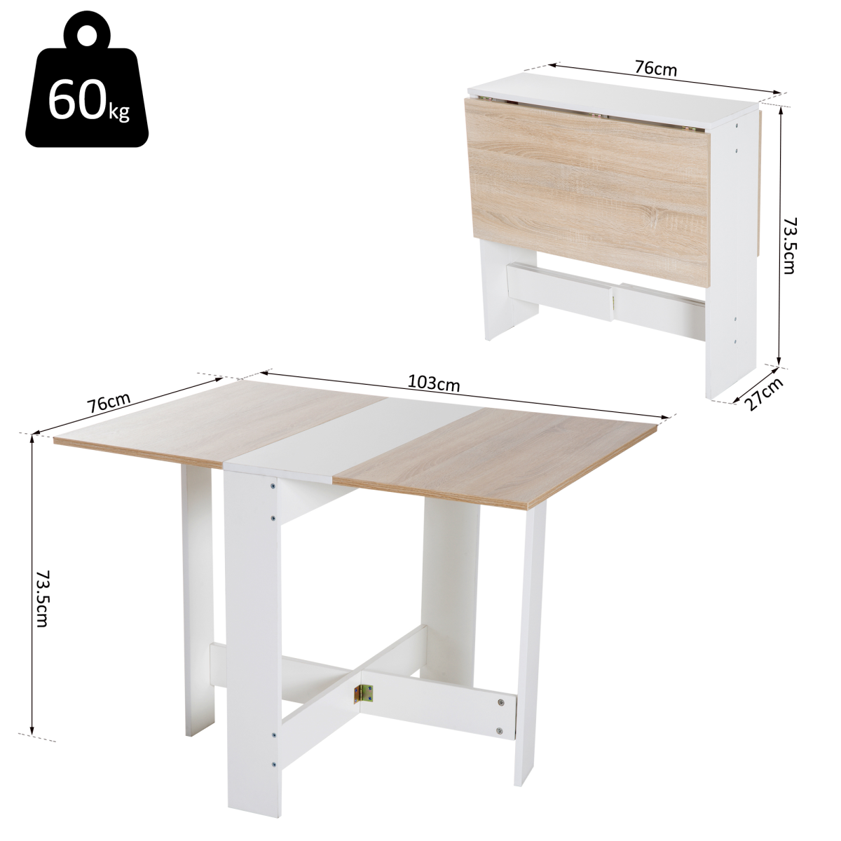 Drop Leaf Table Folding Dining Space Saving-Oak White Colour HOMCOM
