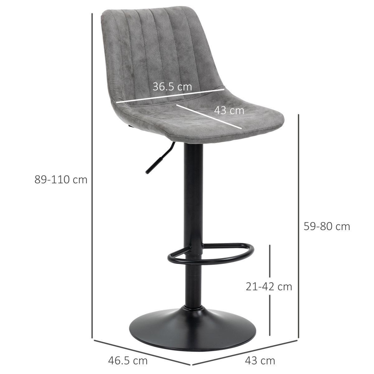 Set Of 2 Microfibre Retro Tub Bar Stools w/ Metal Frame Footrest Home Seat Grey HOMCOM