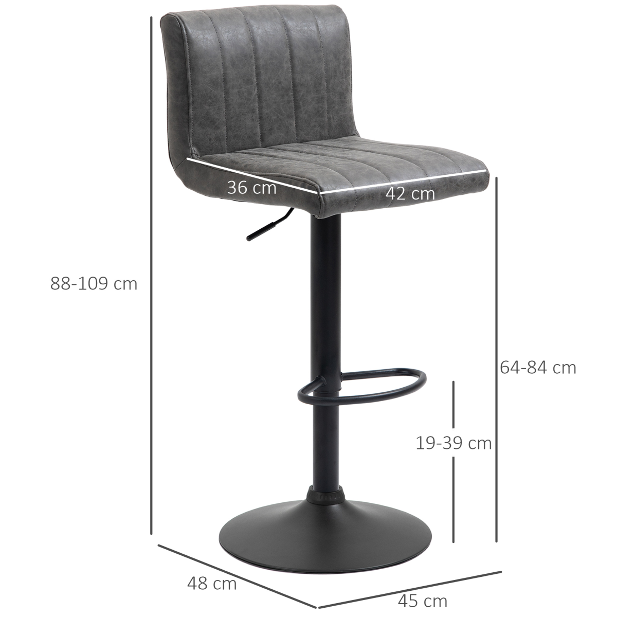 HOMCOM Barstools Set of 2 Adjustable Height Bar Chairs with Footrest, Grey Unbranded