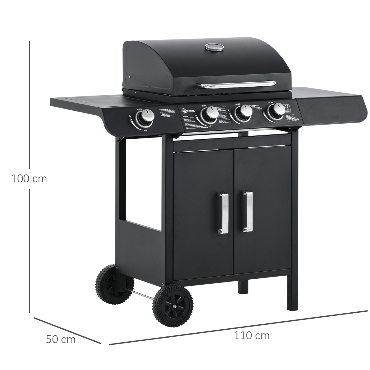 Deluxe Gas Burner Barbecue Grill 3+1 Burner BBQ Trolley 110x50x100cm Outsunny