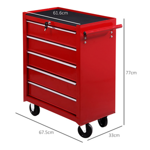 HOMCOM Tool Trolley with 5 Drawers Steel Tool Chest on Wheels with Handle Red HOMCOM