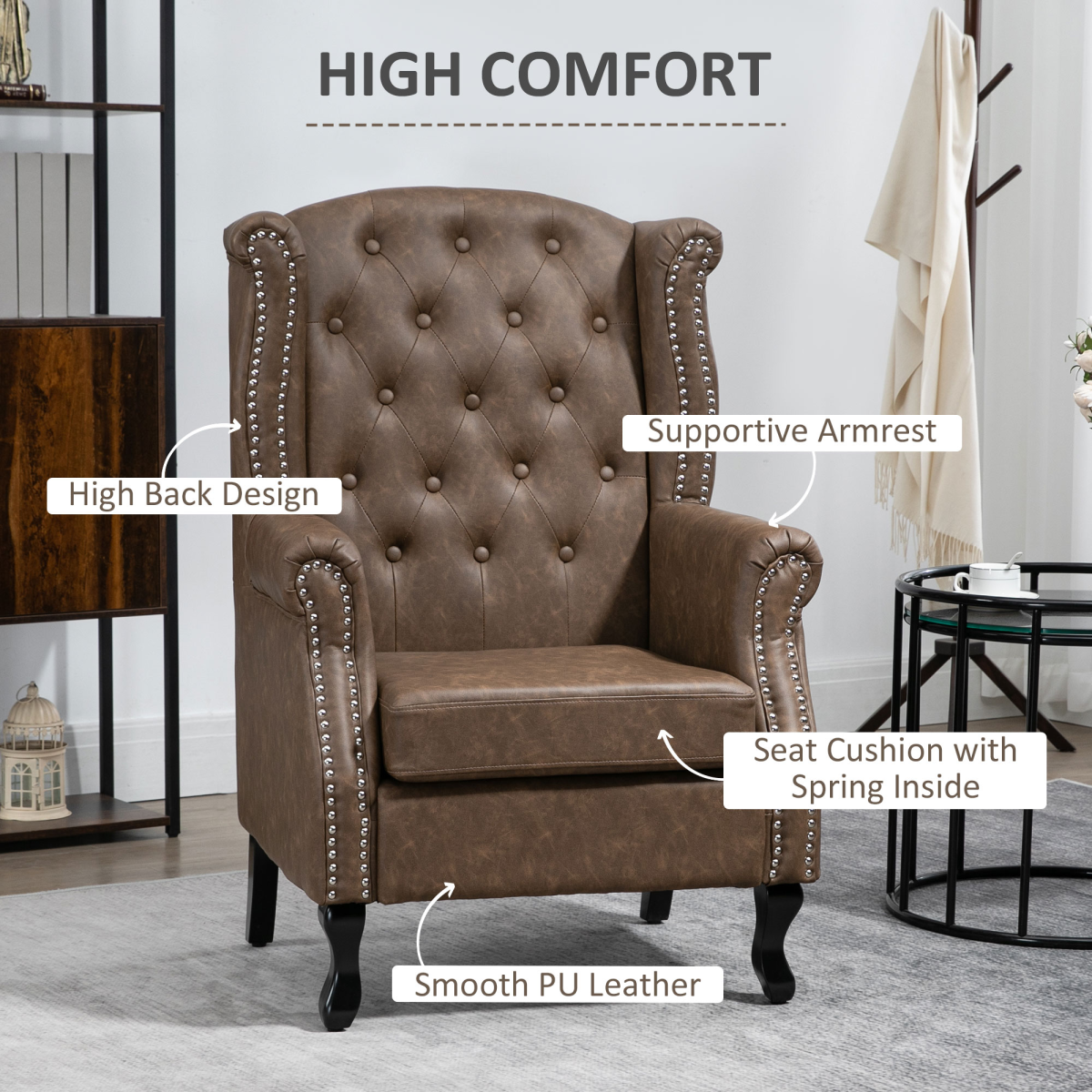 Chesterfield-style Wing Back Armchair Tufted Accent Chair Brown HOMCOM