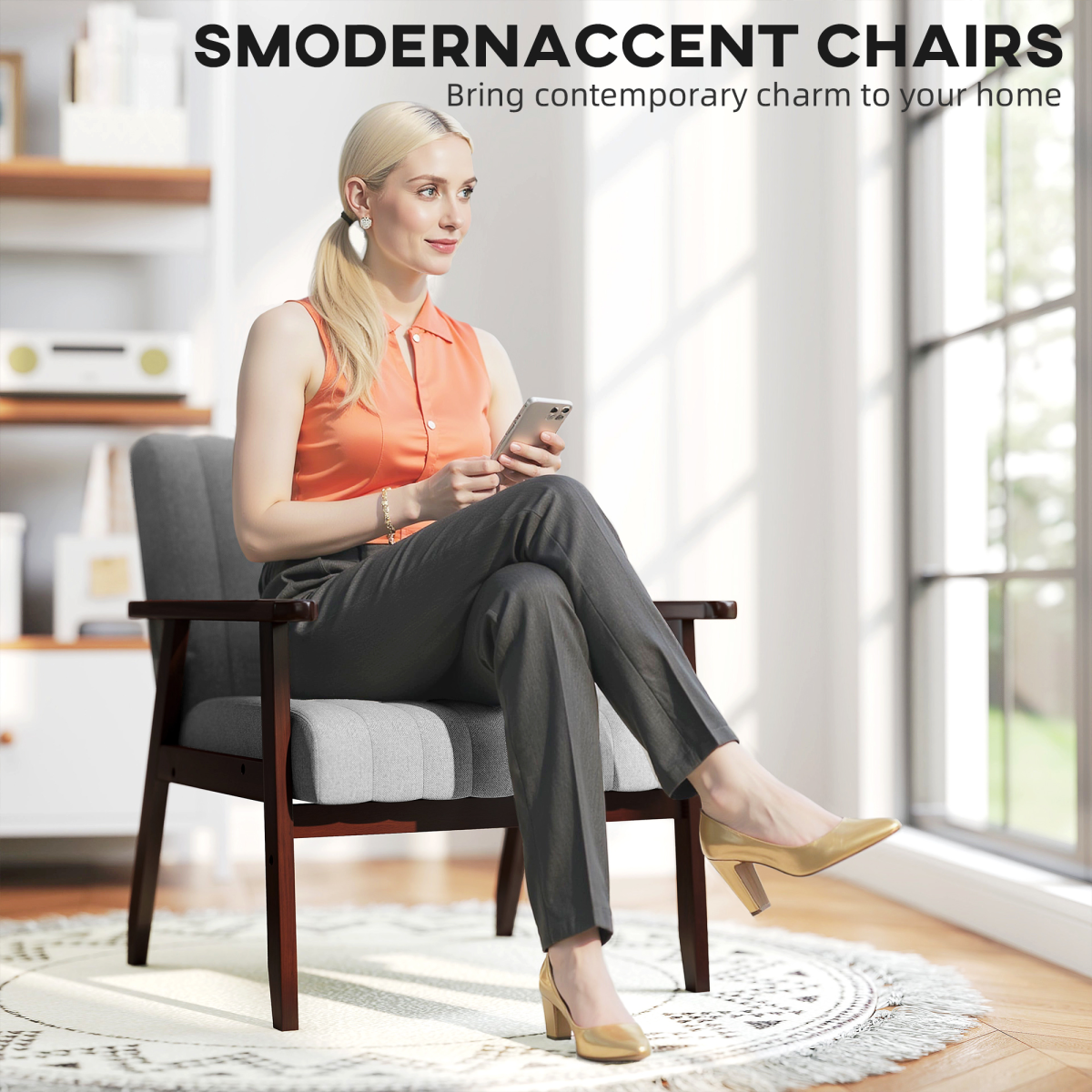 HOMCOM Modern Accent Chair Upholstered Armchair for Bedroom Living Room Grey HOMCOM