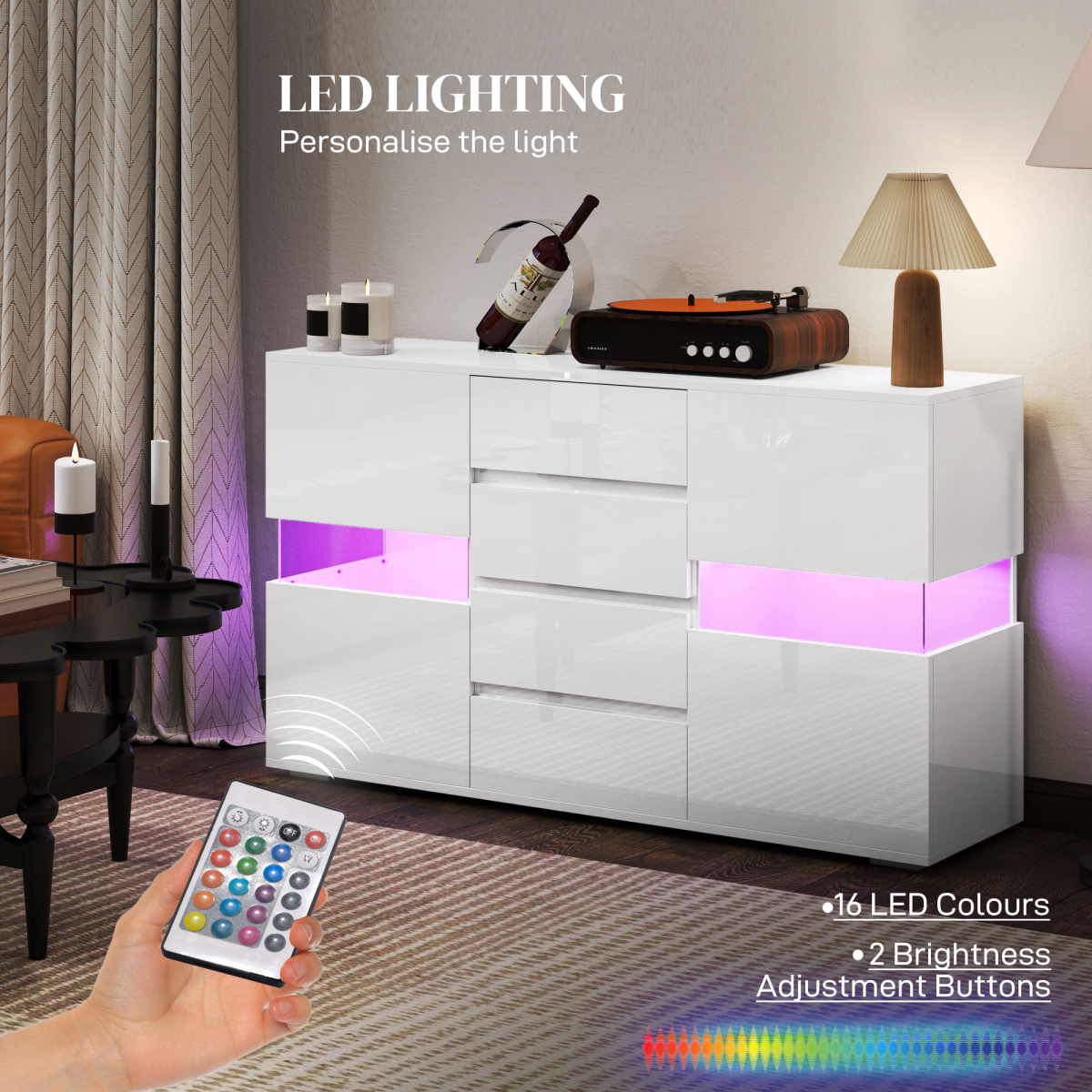 HOMCOM LED Sideboard, High Gloss Storage Cabinet with 4 Drawers, White HOMCOM