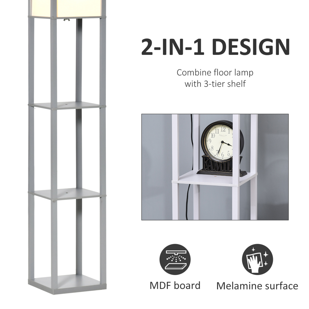 4-Tier Floor Lamp, Floor Light with Storage Shelf, Grey 3-Tier HOMCOM